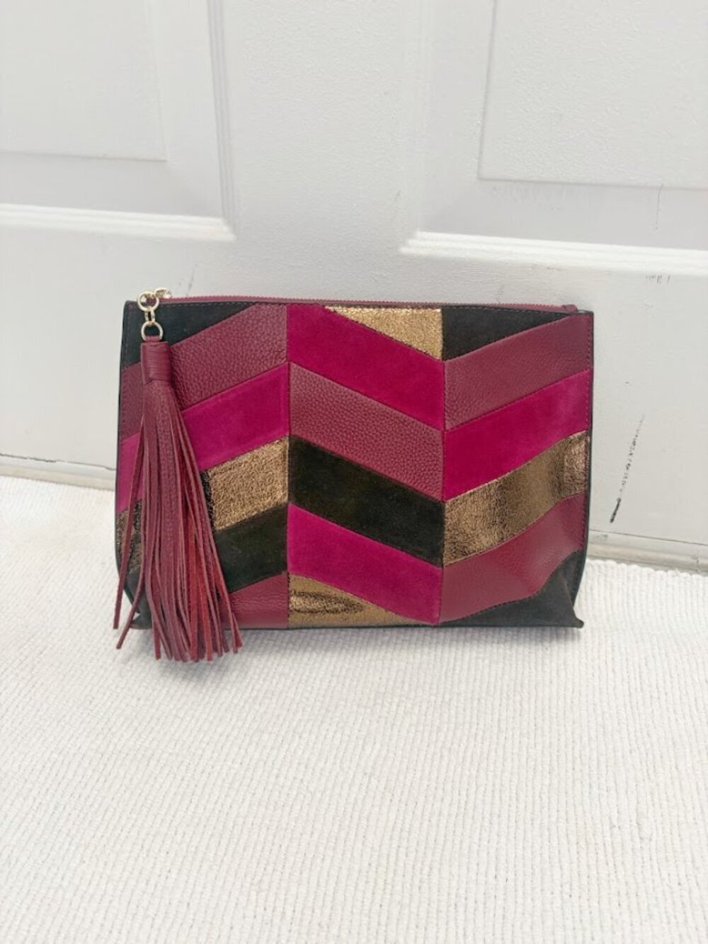 Sam Edelman Suede Leather Walker Chevron Patchwork Fringe Tassel Clutch Purse